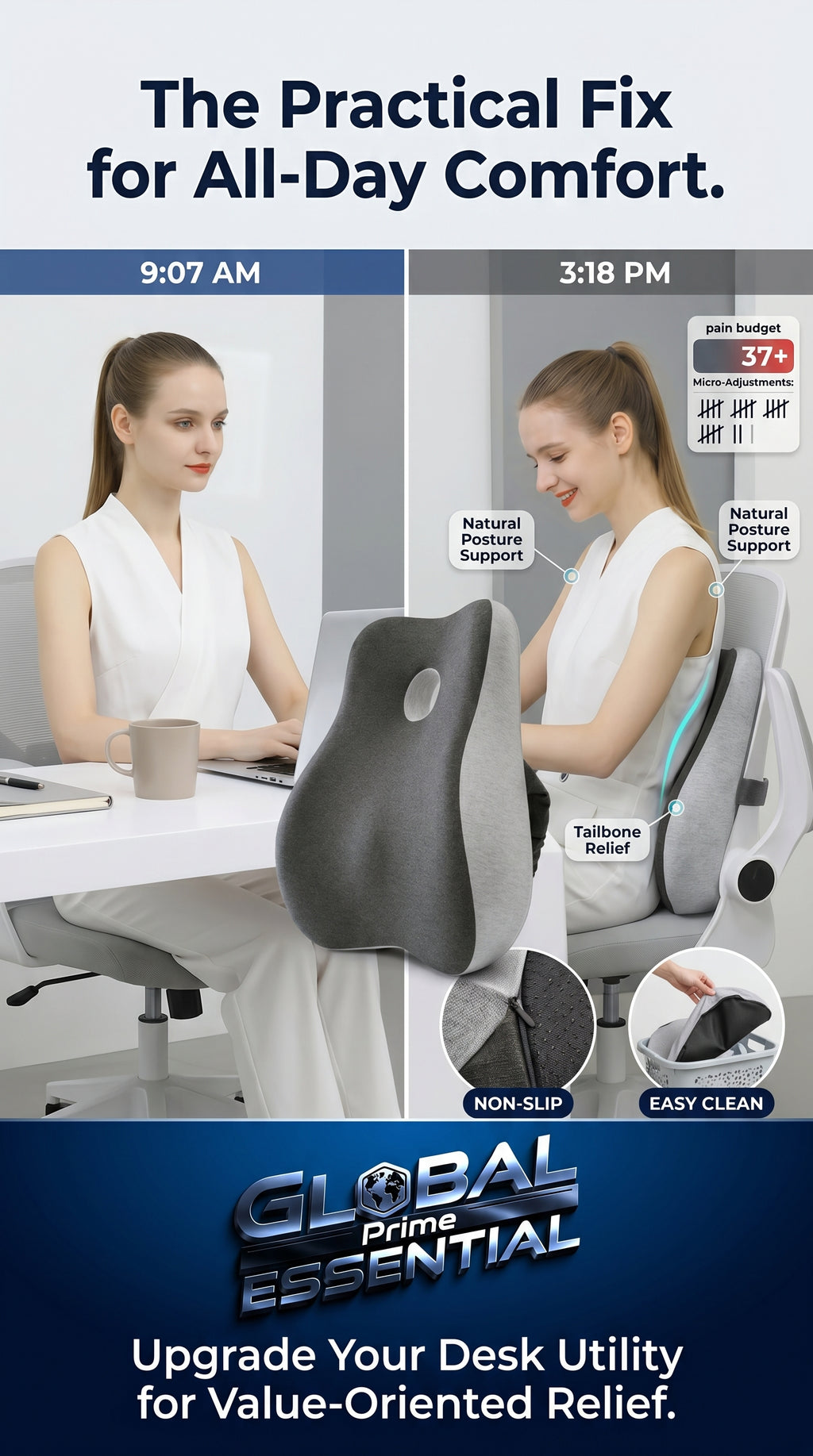 Global Prime Essential memory foam office chair cushion resting on an ergonomic office chair for added comfort.