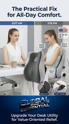 Global Prime Essential memory foam office chair cushion resting on an ergonomic office chair for added comfort.