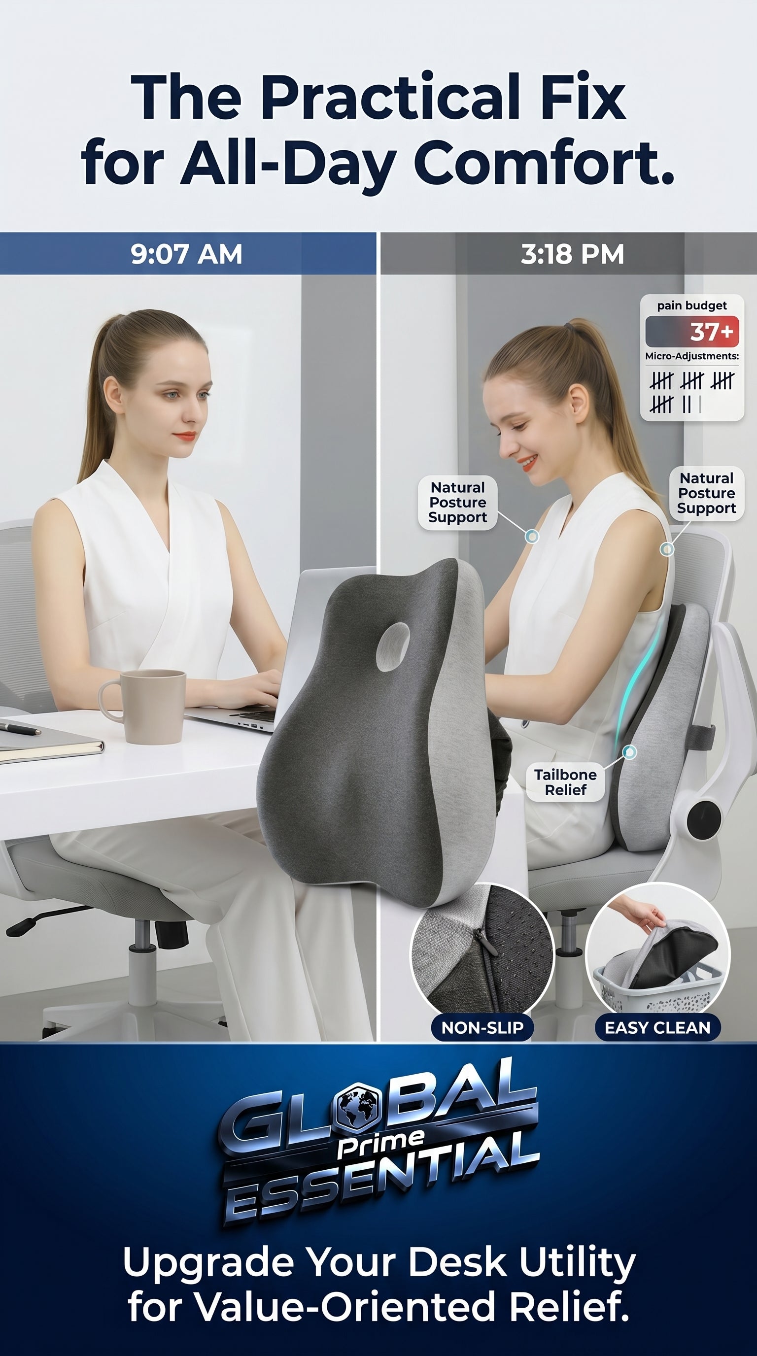 Global Prime Essential memory foam office chair cushion resting on an ergonomic office chair for added comfort.