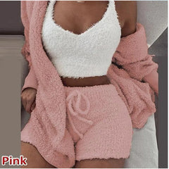 Women’s 3-Piece Knit Pajama Set – V-Neck Crop Top, Long Sleeve & Shorts, Cozy Loungewear