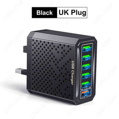 6-in-1 USB Fast Charger Adapter – QC3.0, 6 Ports, EU/US/UK/KR Plug, Multi-Device Charging