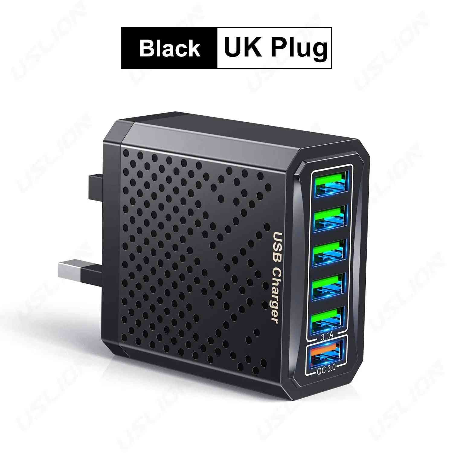 6-in-1 USB Fast Charger Adapter – QC3.0, 6 Ports, EU/US/UK/KR Plug, Multi-Device Charging