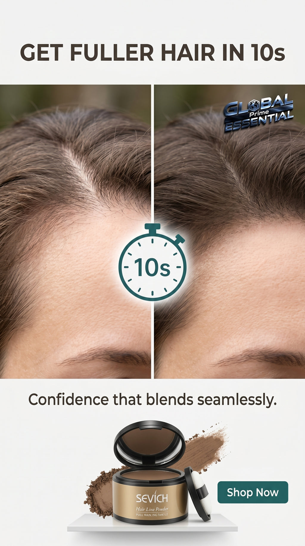 Global Prime Essential Hairline Powder for instant root filling to conceal thinning areas and sparse hairlines.