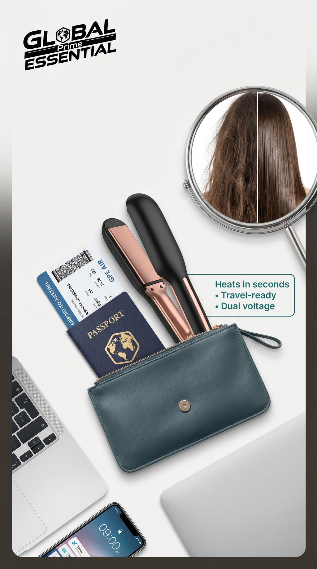 Global Prime Essential portable hair straightener with sleek design, perfect for achieving flawless hair on the go.