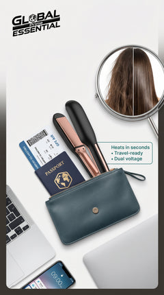 Global Prime Essential portable hair straightener with sleek design, perfect for achieving flawless hair on the go.