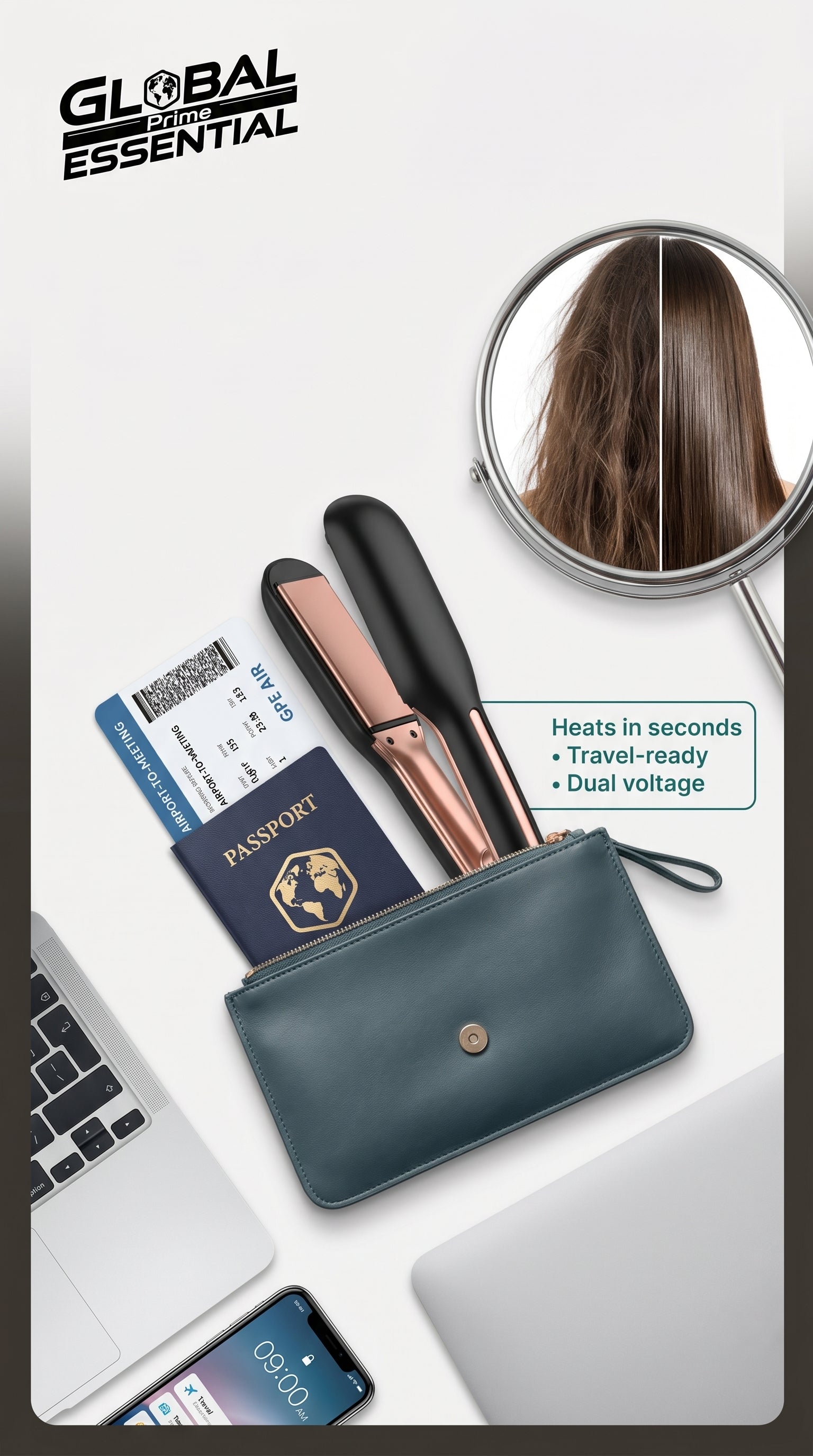 Global Prime Essential portable hair straightener with sleek design, perfect for achieving flawless hair on the go.