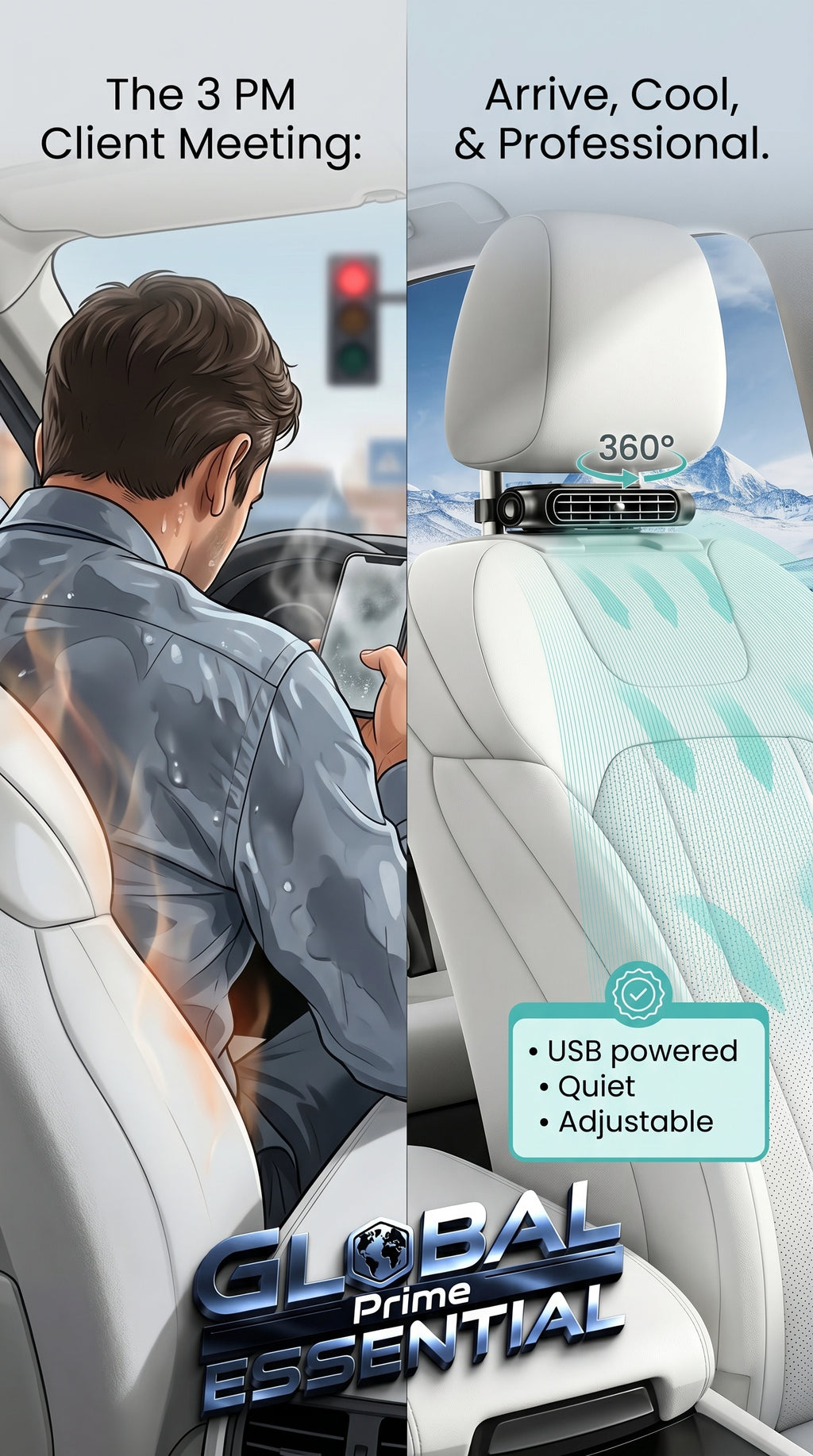 Global Prime Essential cooling car seat fan shown in use, providing refreshing airflow to keep drivers and passengers comfortable.