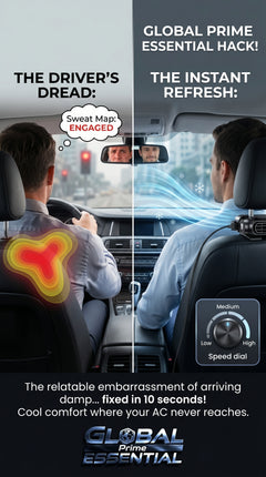 Global Prime Essential cooling car seat fan keeping driver and passenger cool with airflow for a sweat-free drive.