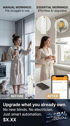 Global Prime Essential smart roller blinds motor with WiFi, Alexa, Google Home compatibility for app and voice-controlled window automation.
