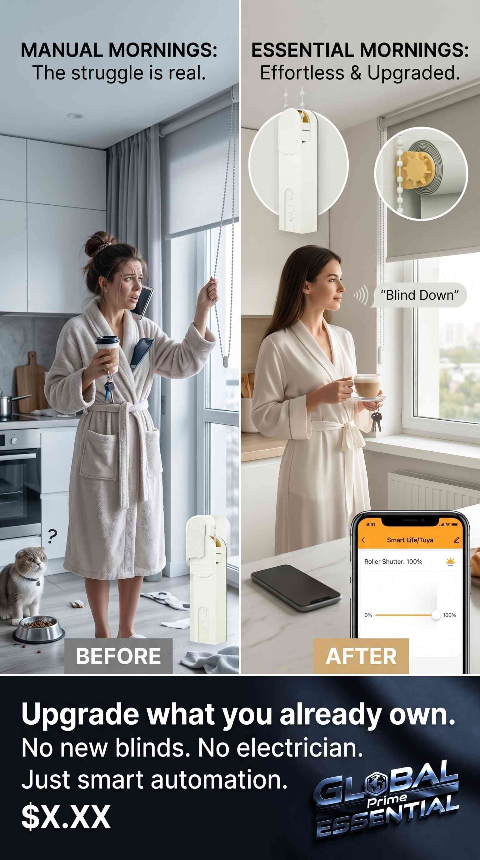 Global Prime Essential smart roller blinds motor with WiFi, Alexa, Google Home compatibility for app and voice-controlled window automation.