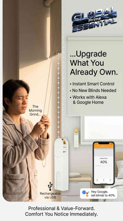 Global Prime Essential smart roller blinds with WiFi, voice control, and app compatibility for automated home window shading.