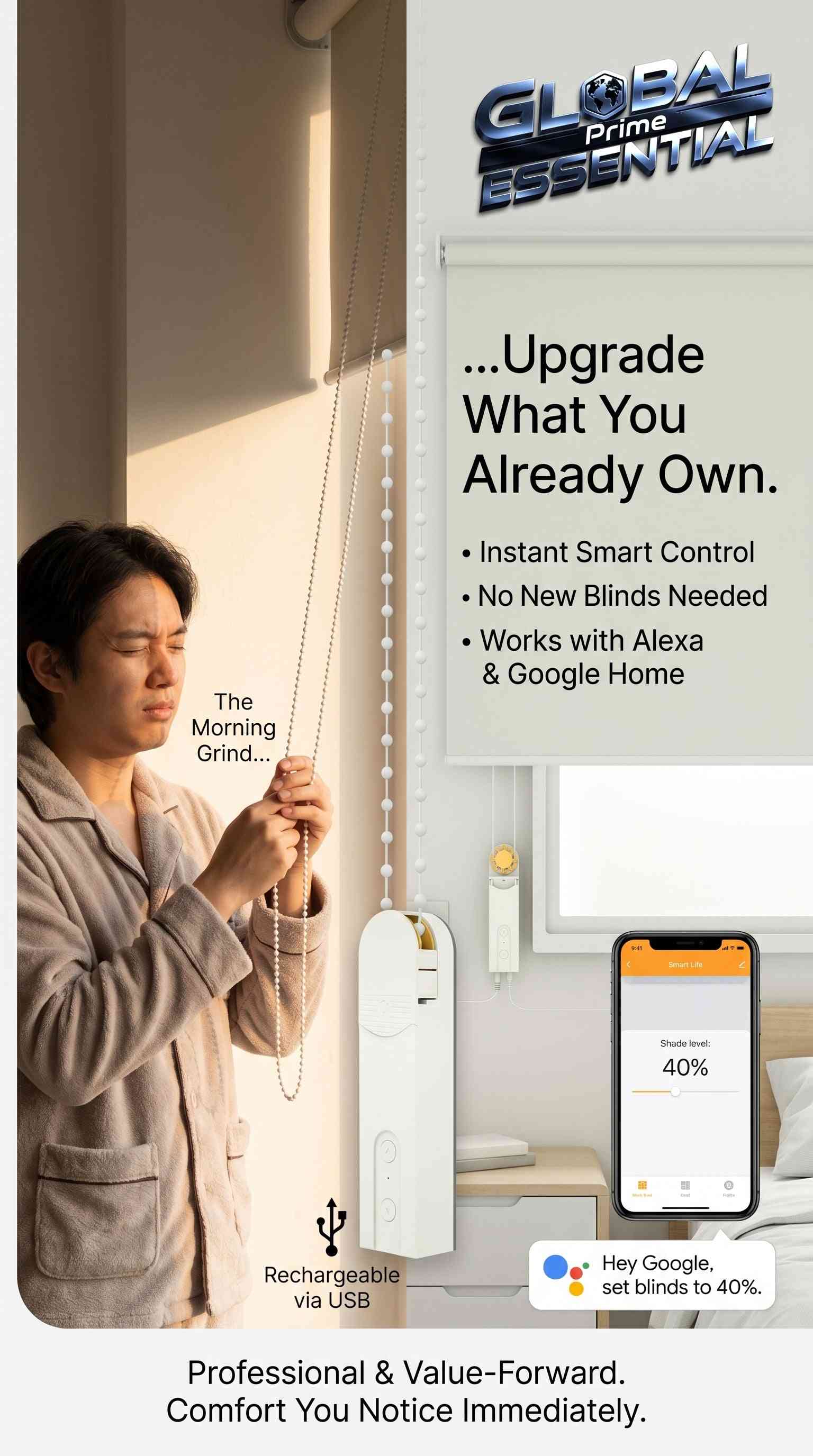 Global Prime Essential smart roller blinds with WiFi, voice control, and app compatibility for automated home window shading.
