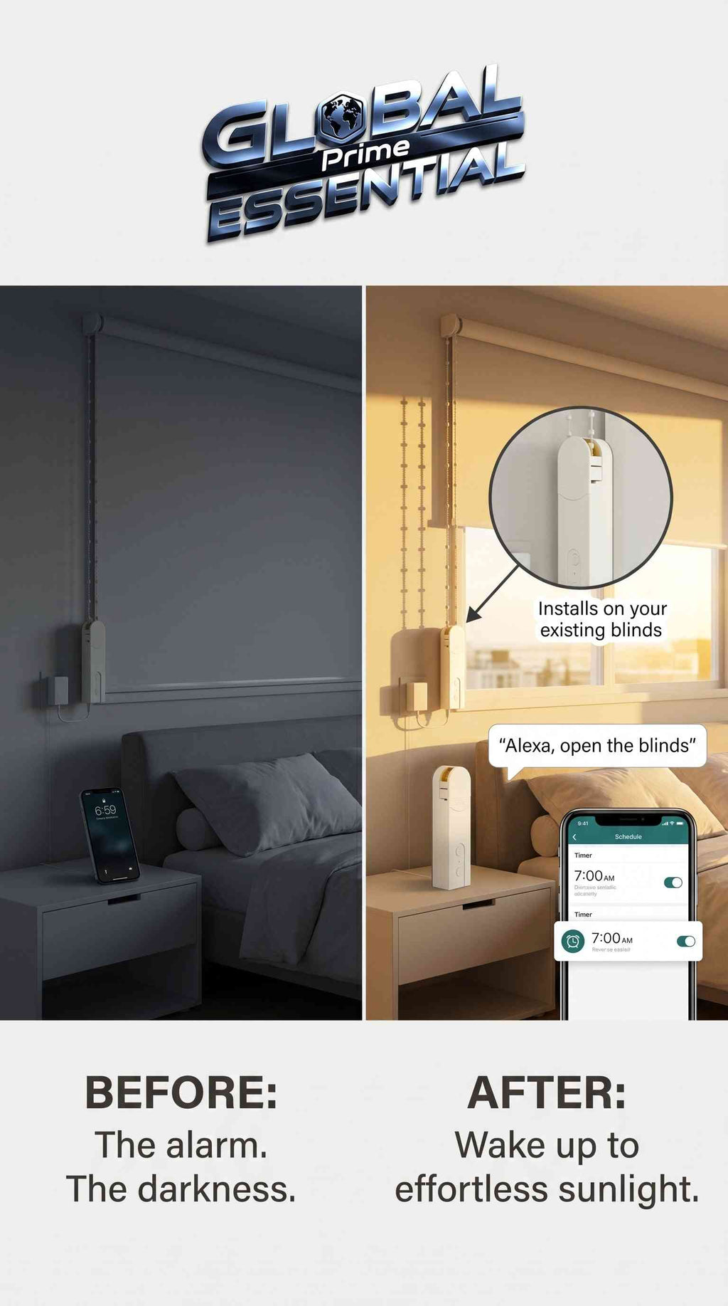 Smart roller blinds motor by Global Prime Essential with WiFi, Alexa, Google Home compatibility, and voice control for automation.