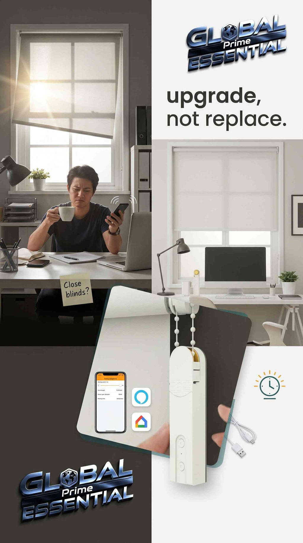 Global Prime Essential smart roller blinds motor with WiFi, Alexa, Google Home, app, and voice control for automated window shading.