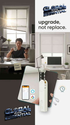 Global Prime Essential smart roller blinds motor with WiFi, Alexa, Google Home, app, and voice control for automated window shading.