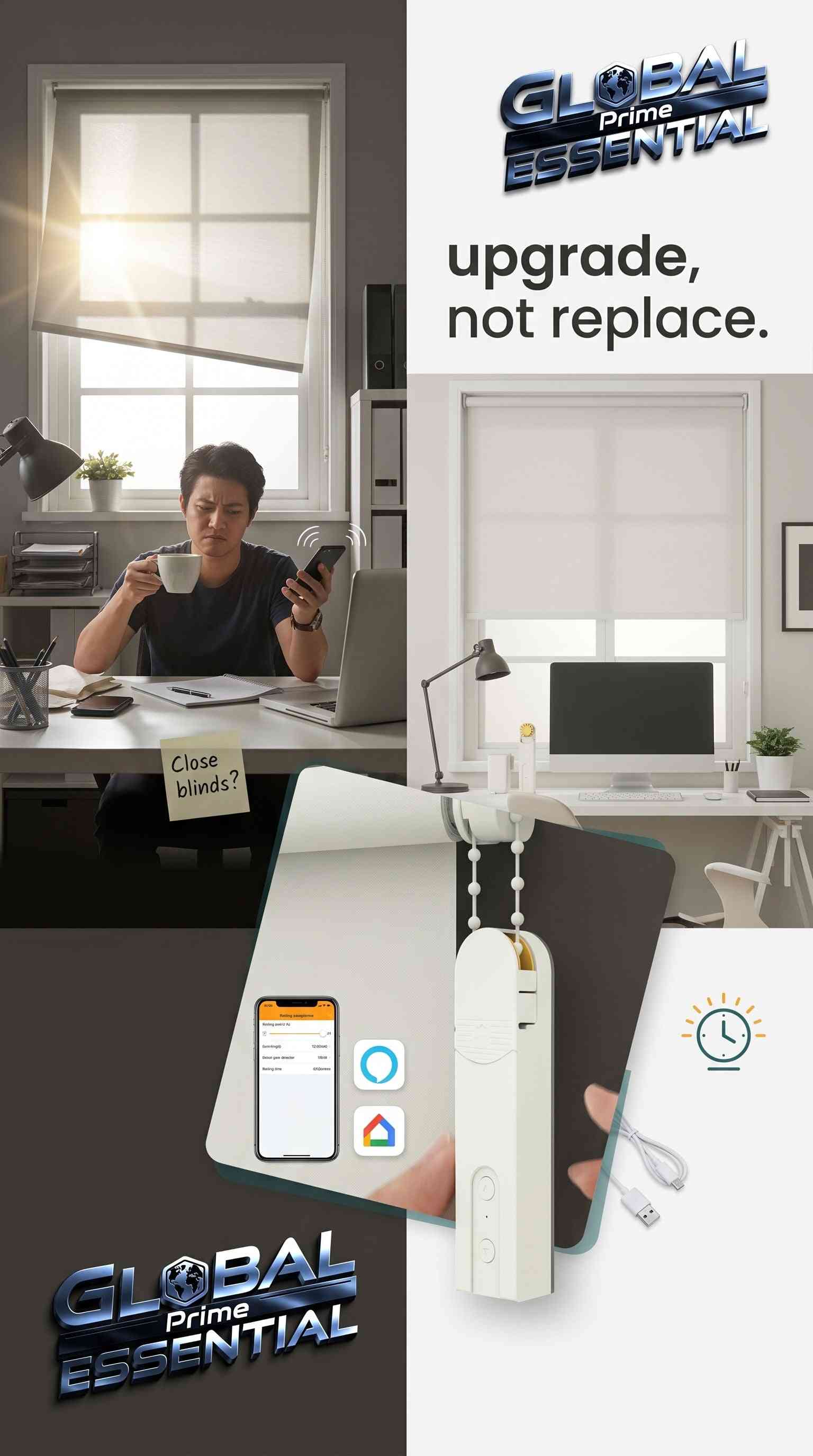 Global Prime Essential smart roller blinds motor with WiFi, Alexa, Google Home, app, and voice control for automated window shading.