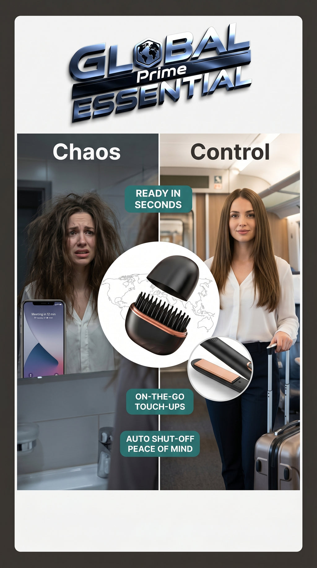 Global Prime Essential portable hair straightener with sleek design and ceramic plates for smooth, straight hair on the go.