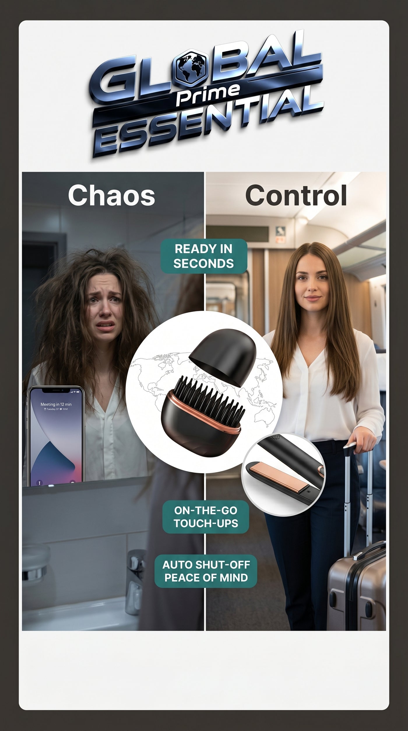 Global Prime Essential portable hair straightener with sleek design and ceramic plates for smooth, straight hair on the go.