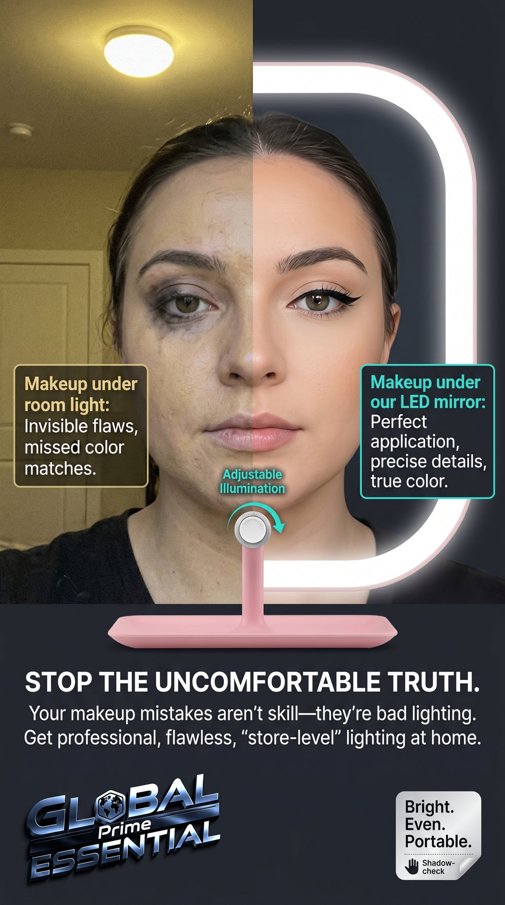 Global Prime Essential LED makeup mirror with bright, adjustable lighting for flawless makeup application and enhanced visibility.
