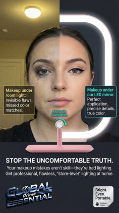 Global Prime Essential LED makeup mirror with bright, adjustable lighting for flawless makeup application and enhanced visibility.