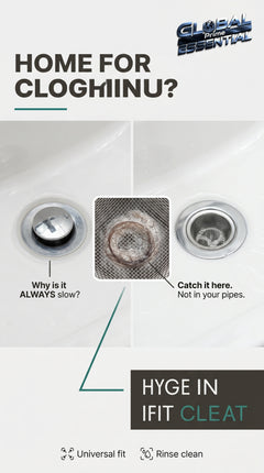 Global Prime Essential bathroom sink drain strainer preventing clogs and slow drains, shown installed in a modern bathroom sink