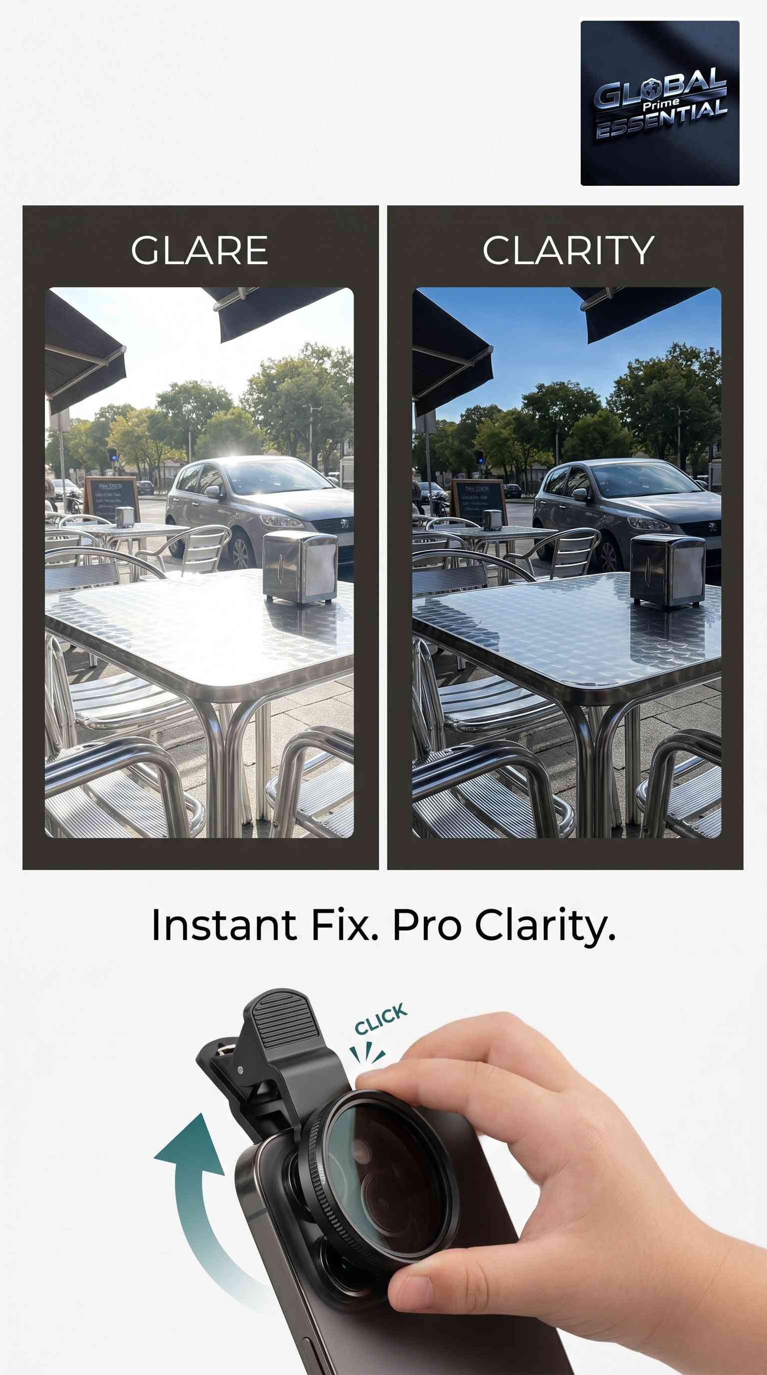 Global Prime Essential 52mm clip-on CPL phone camera lens filter reducing glare and boosting colors for clearer photos