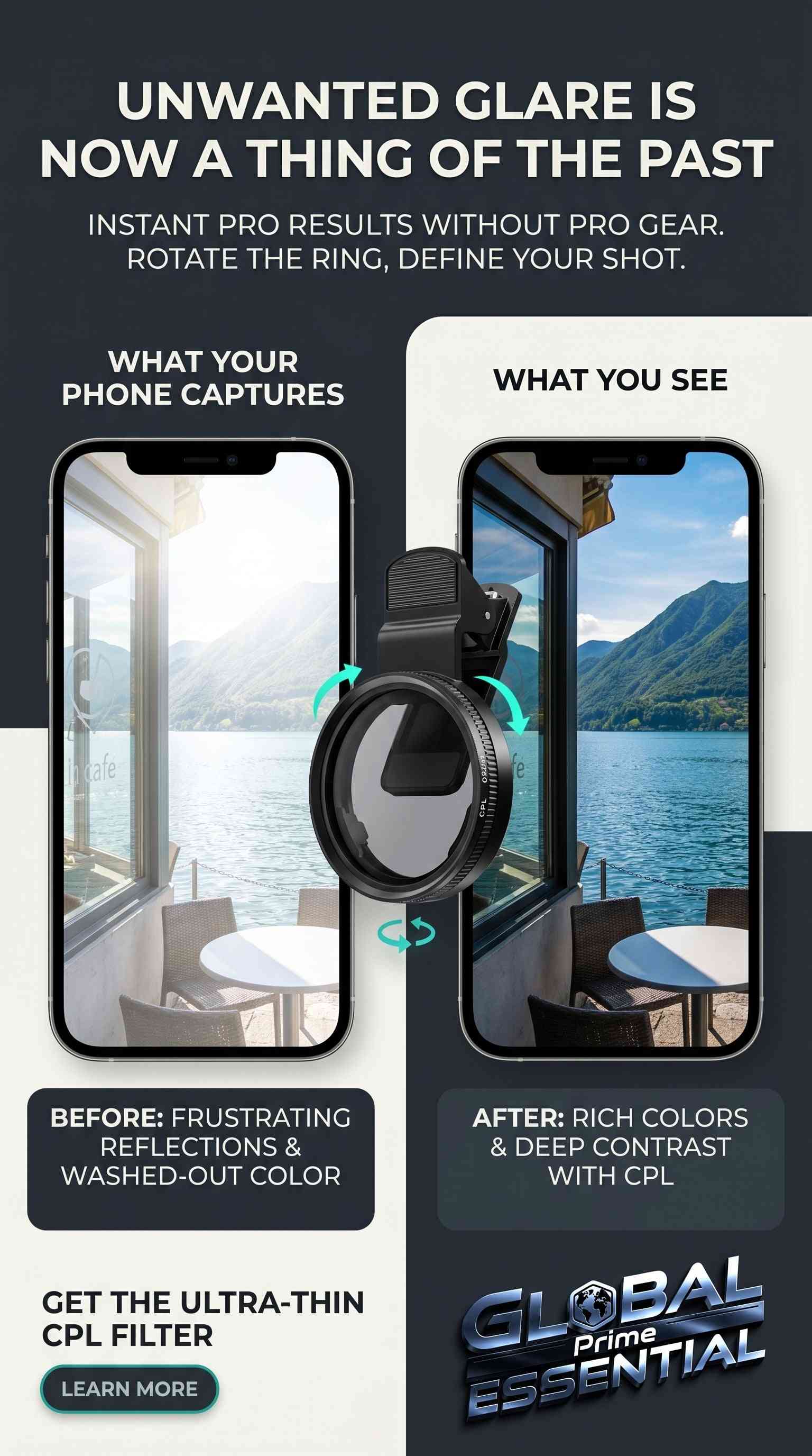 Global Prime Essential 52mm clip-on CPL phone camera lens filter reducing glare and enhancing colors for stunning photos.