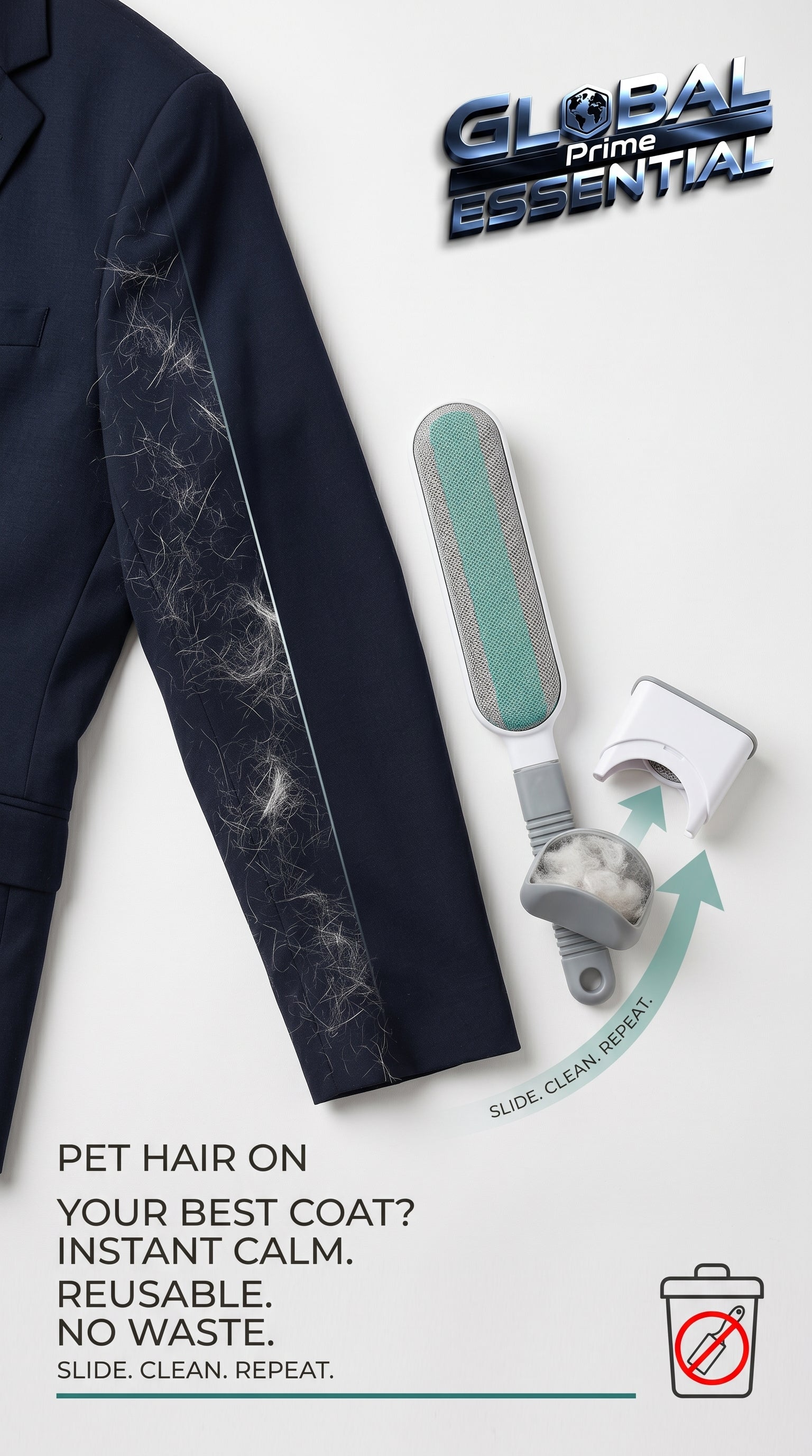 Global Prime Essential self-cleaning lint remover brush with pet hair removal for clothes and furniture, reusable and easy to use.