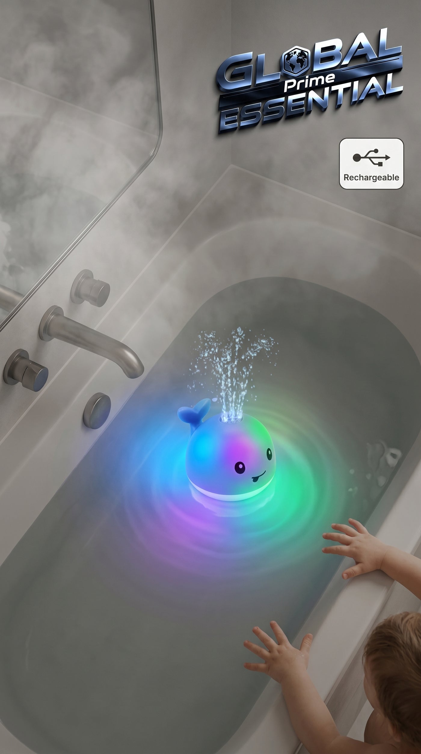 Rechargeable whale-shaped baby bath toy from Global Prime Essential, featuring light-up functionality for underwater play.