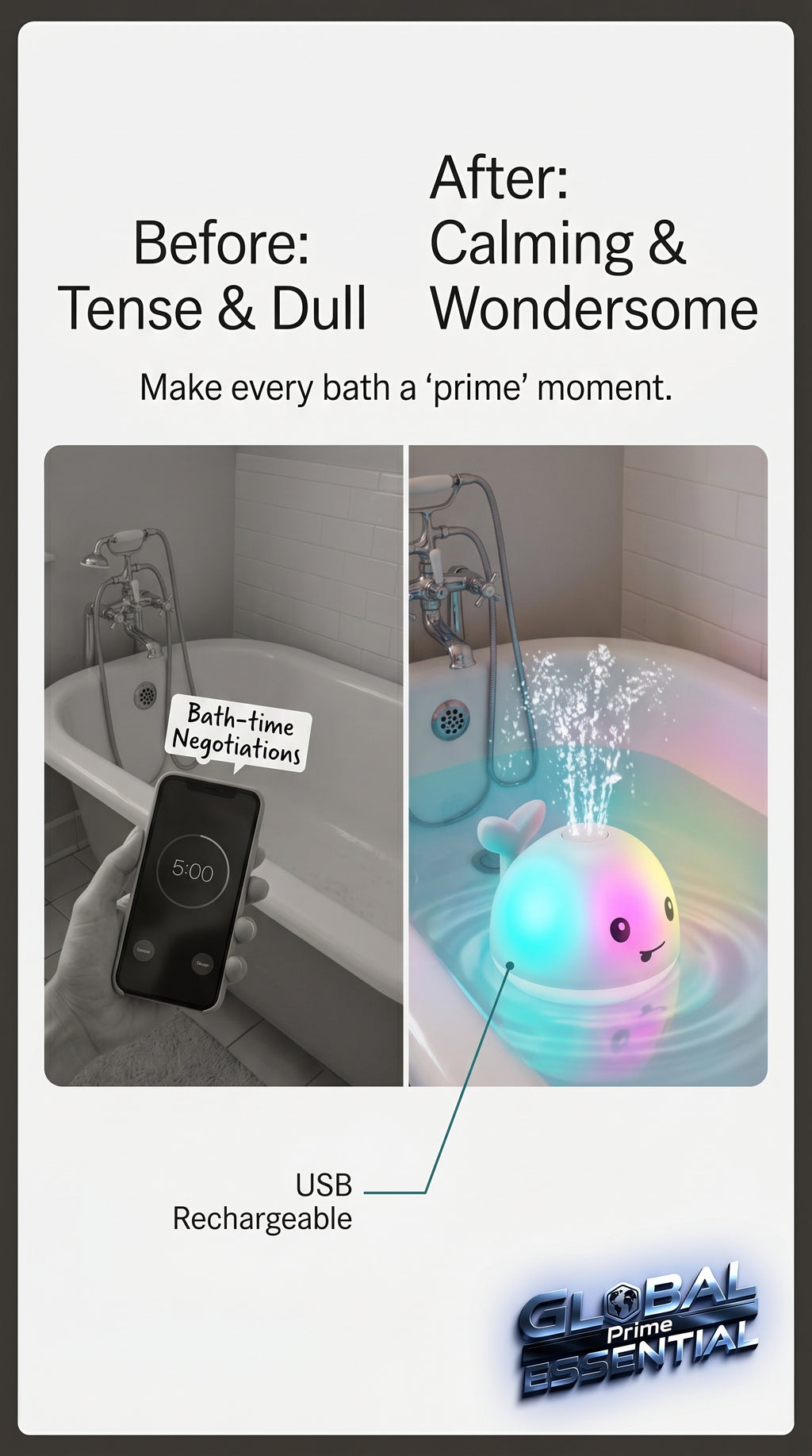 Global Prime Essential rechargeable whale bath toy for babies, featuring a light-up design perfect for bath time fun.