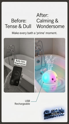 Global Prime Essential rechargeable whale bath toy for babies, featuring a light-up design perfect for bath time fun.