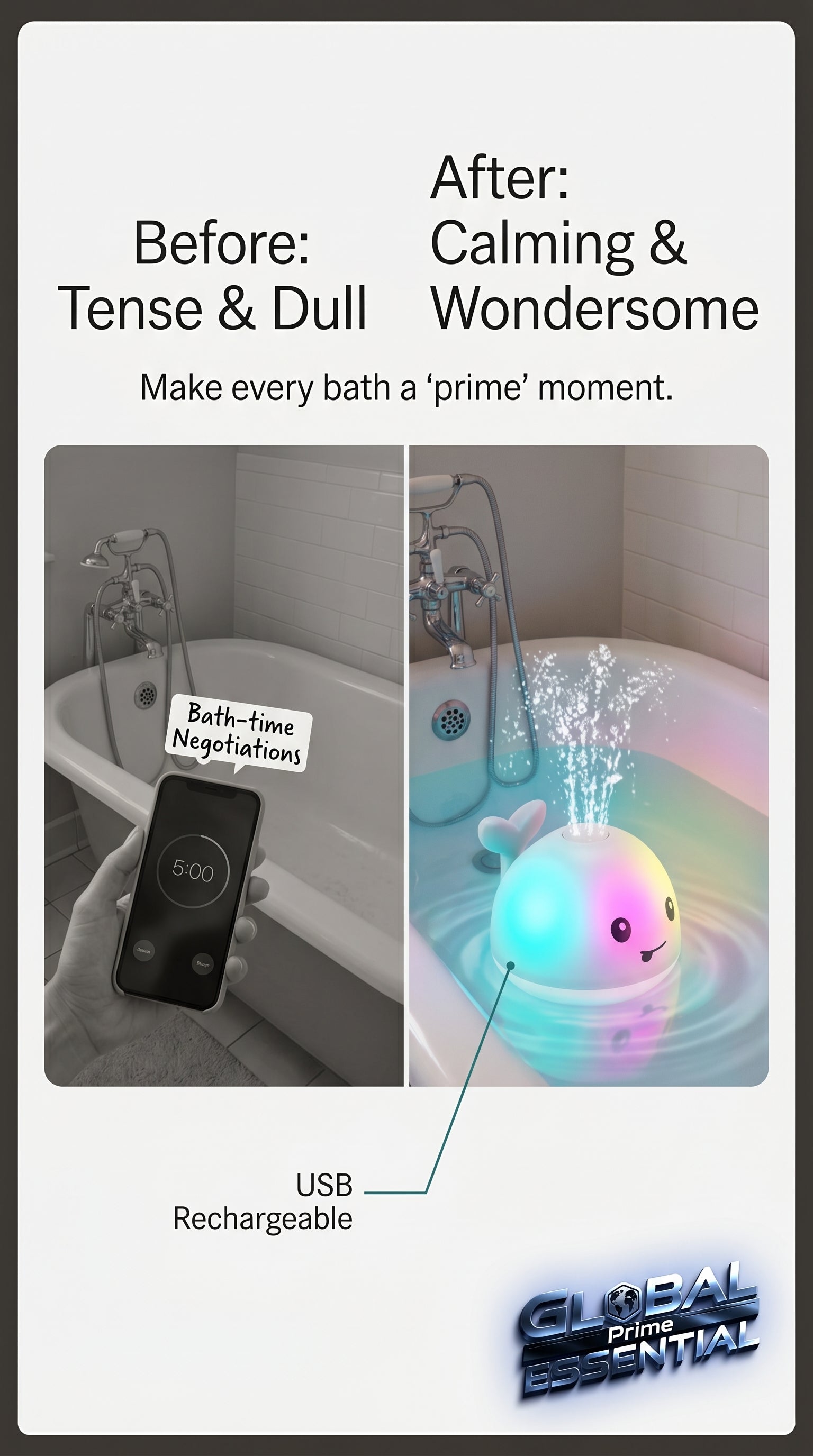 Global Prime Essential rechargeable whale bath toy for babies, featuring a light-up design perfect for bath time fun.