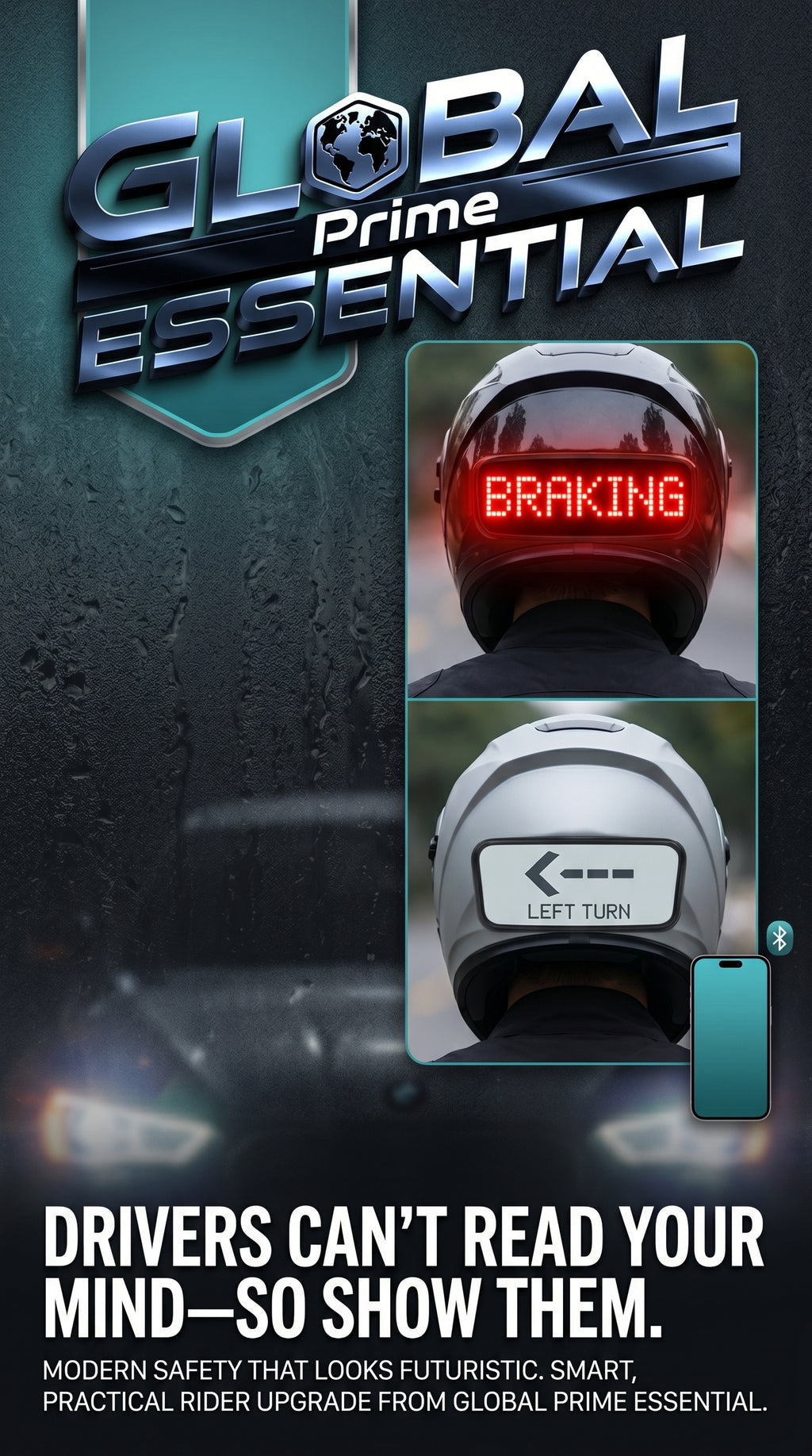 Global Prime Essential motorcycle helmet with programmable LED display, showing customizable text for rider visibility and safety.