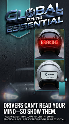 Global Prime Essential motorcycle helmet with programmable LED display, showing customizable text for rider visibility and safety.