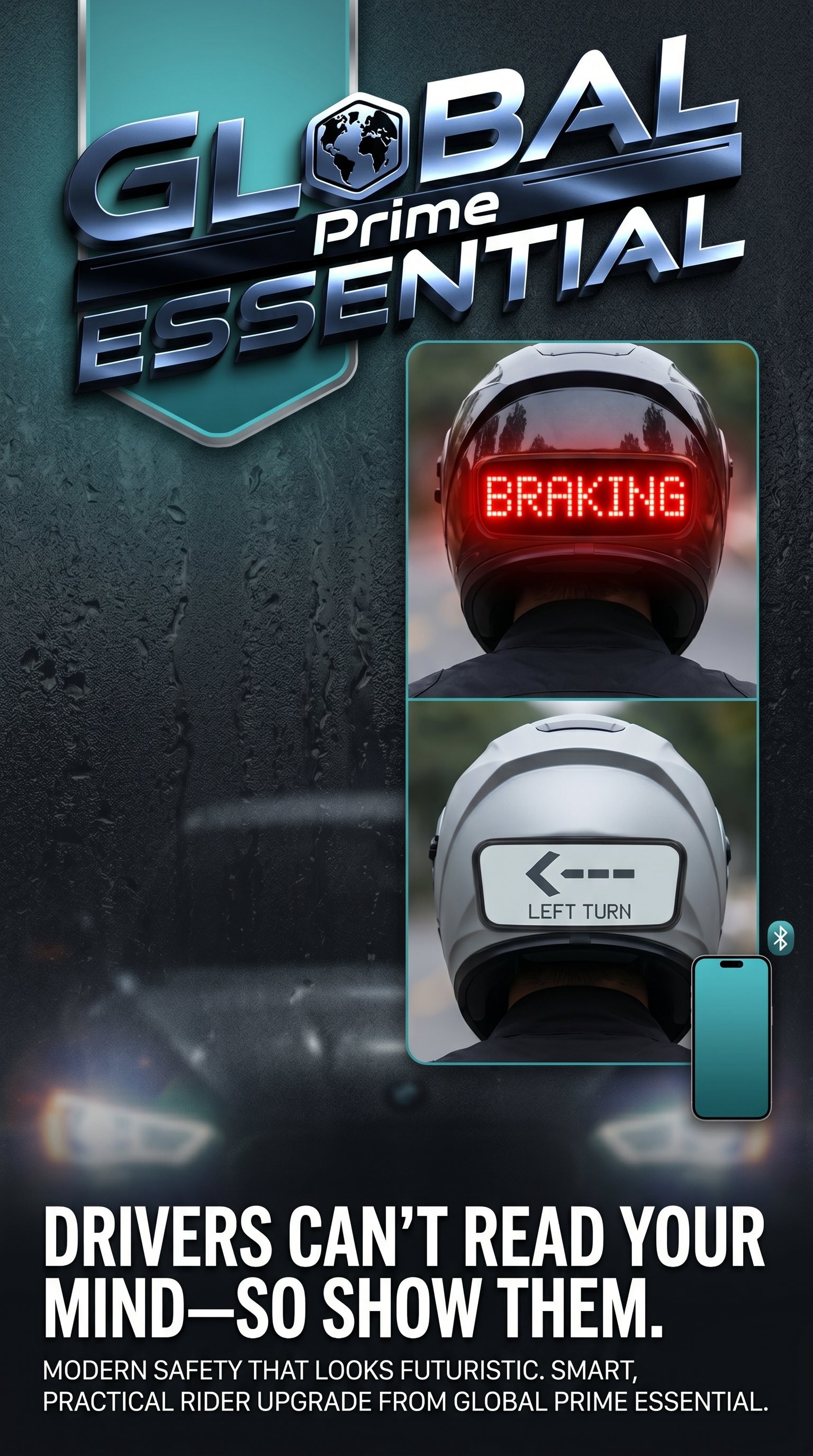 Global Prime Essential motorcycle helmet with programmable LED display, showing customizable text for rider visibility and safety.