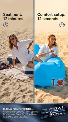 Global Prime Essential inflatable lounger stretched out on a sandy beach, ready for relaxing by the water.