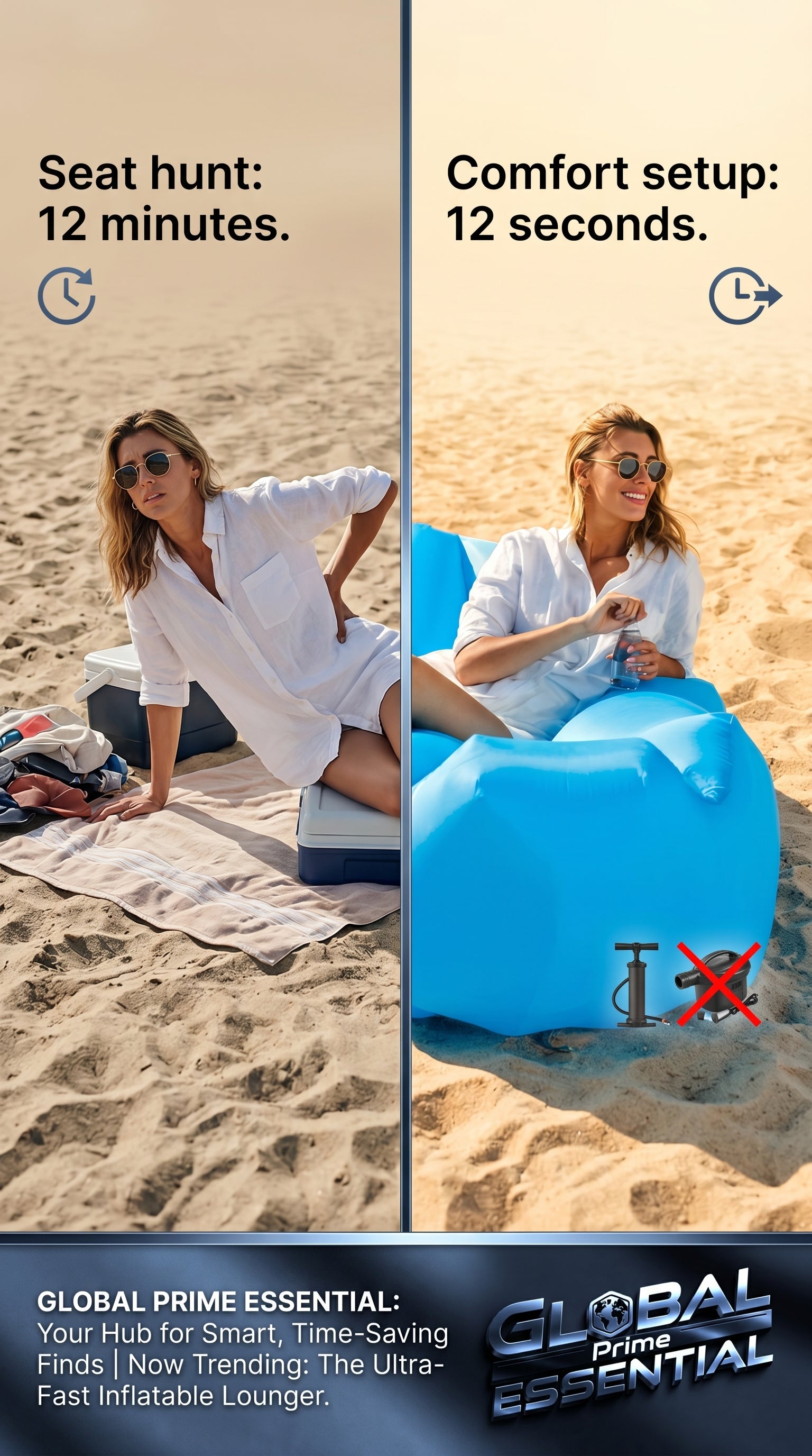 Global Prime Essential inflatable lounger stretched out on a sandy beach, ready for relaxing by the water.