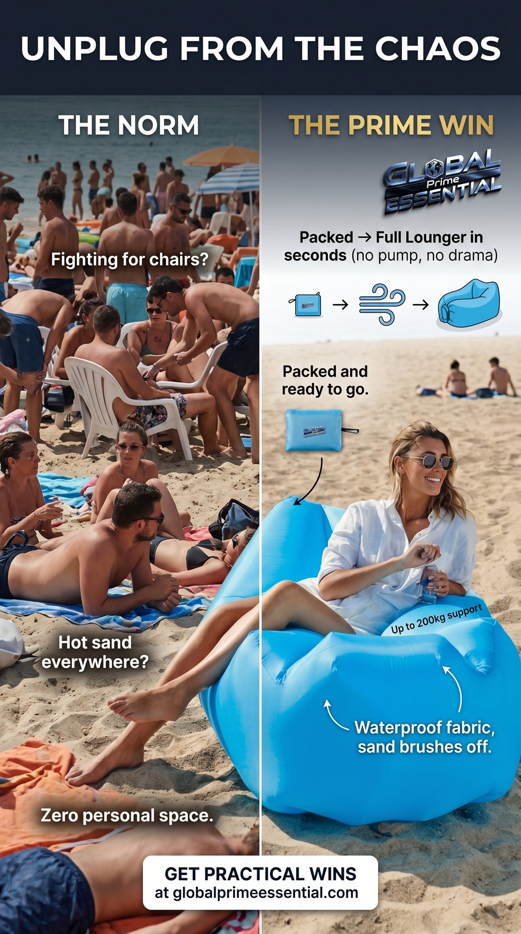 Global Prime Essential inflatable lounger on a beach, showcasing easy setup and comfortable design for outdoor relaxation.