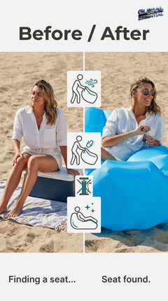 Global Prime Essential inflatable lounger on the beach, offering instant comfort for a relaxing day outdoors.