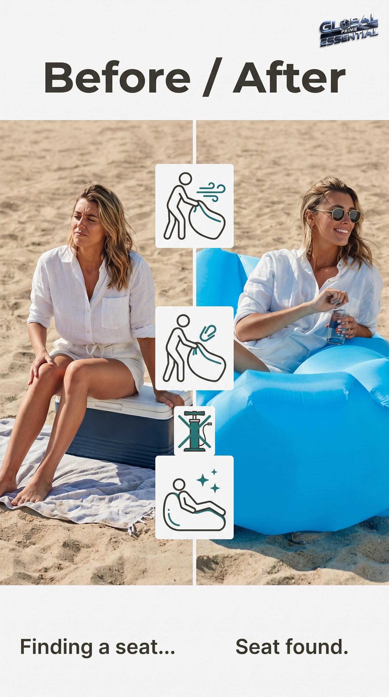 Global Prime Essential inflatable lounger on the beach, offering instant comfort for a relaxing day outdoors.