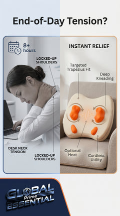 Global Prime Essential electric trapezius massage pillow with beat desk neck tension relief for daily comfort and relaxation.