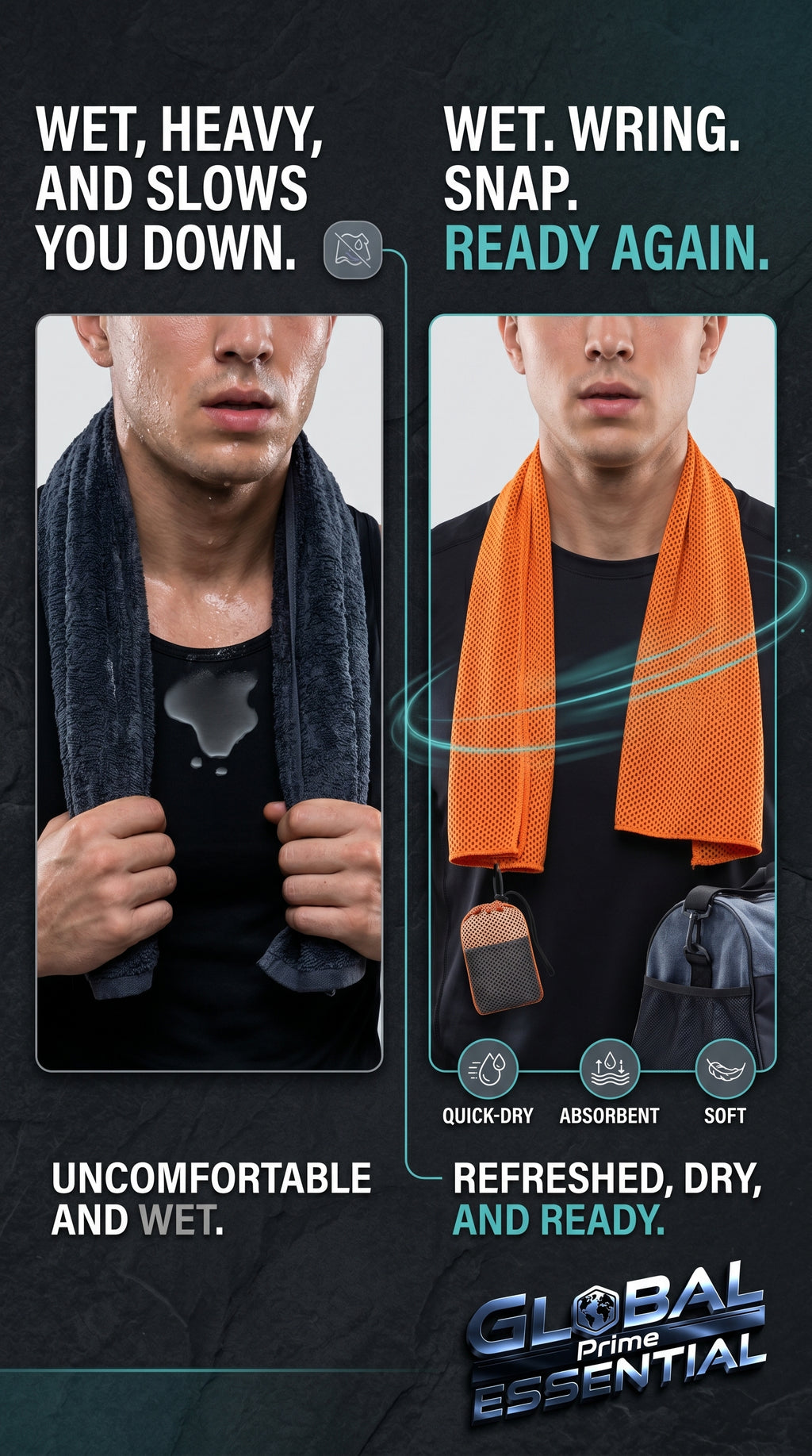 Global Prime Essential quick-dry sports cooling towel draped over a person, providing instant cool comfort for outdoor activities.