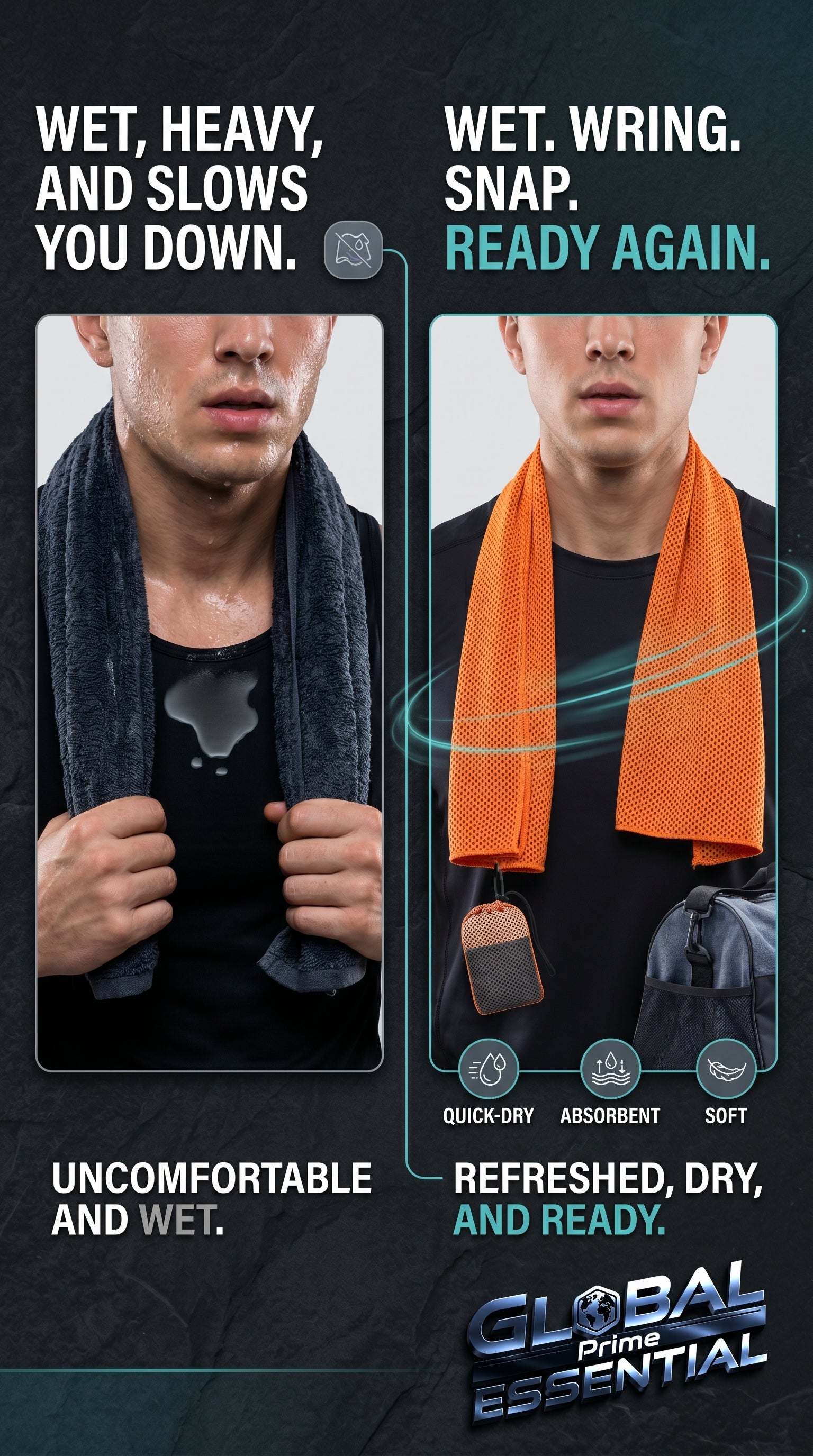Global Prime Essential quick-dry sports cooling towel draped over a person, providing instant cool comfort for outdoor activities.