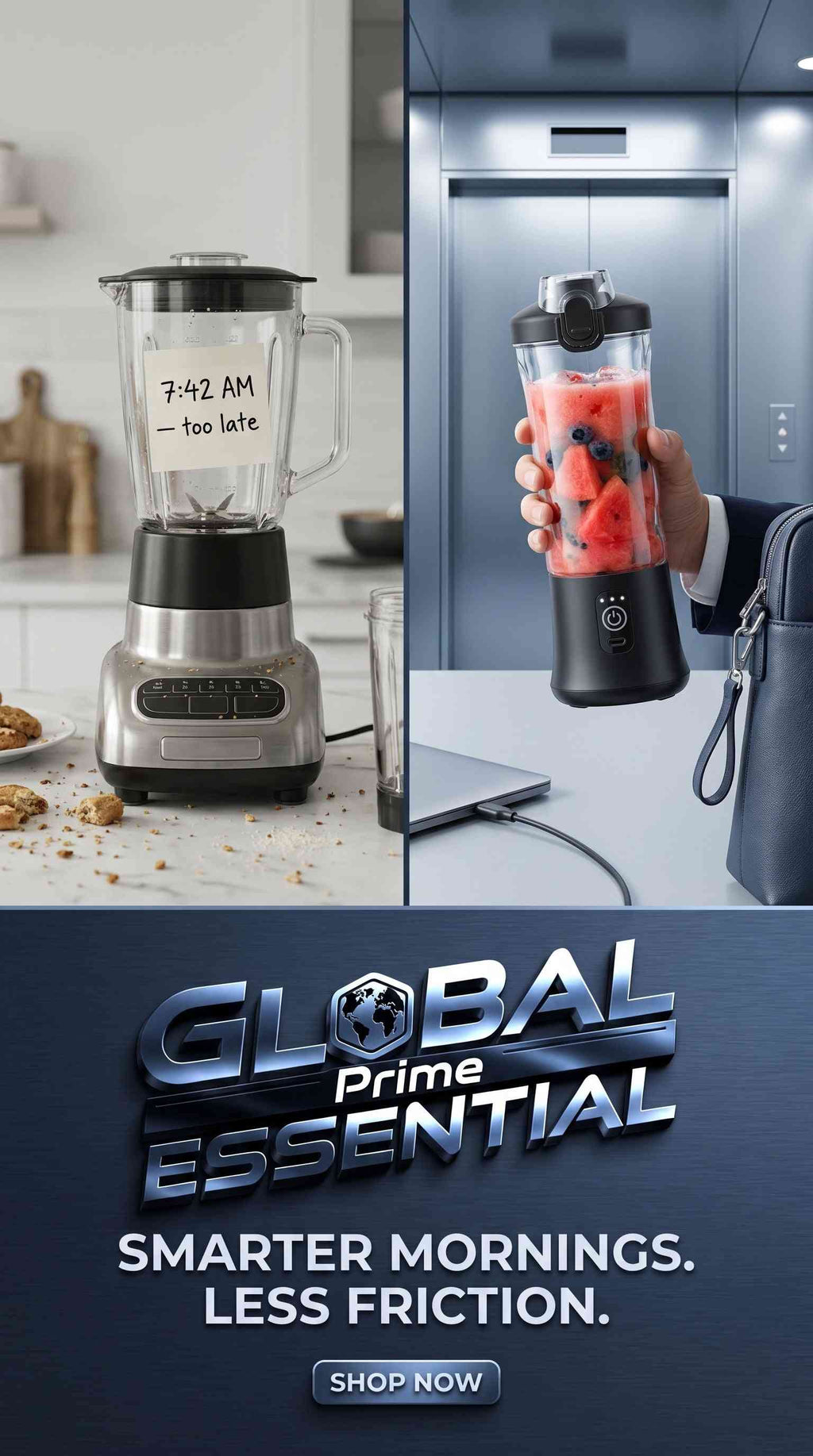 Portable Blender Cup by Global Prime Essential with 600ml BPA-free bottle, 240W motor, USB-C, 18000RPM, and 4000mAh battery.