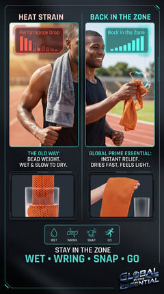 Global Prime Essential quick-dry sports cooling towel in blue, designed to keep you cool during workouts and outdoor activities.