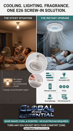 Global Prime Essential light socket fan with remote control, dimmable LED, 3 speeds, aromatherapy feature, fits E26 sockets.