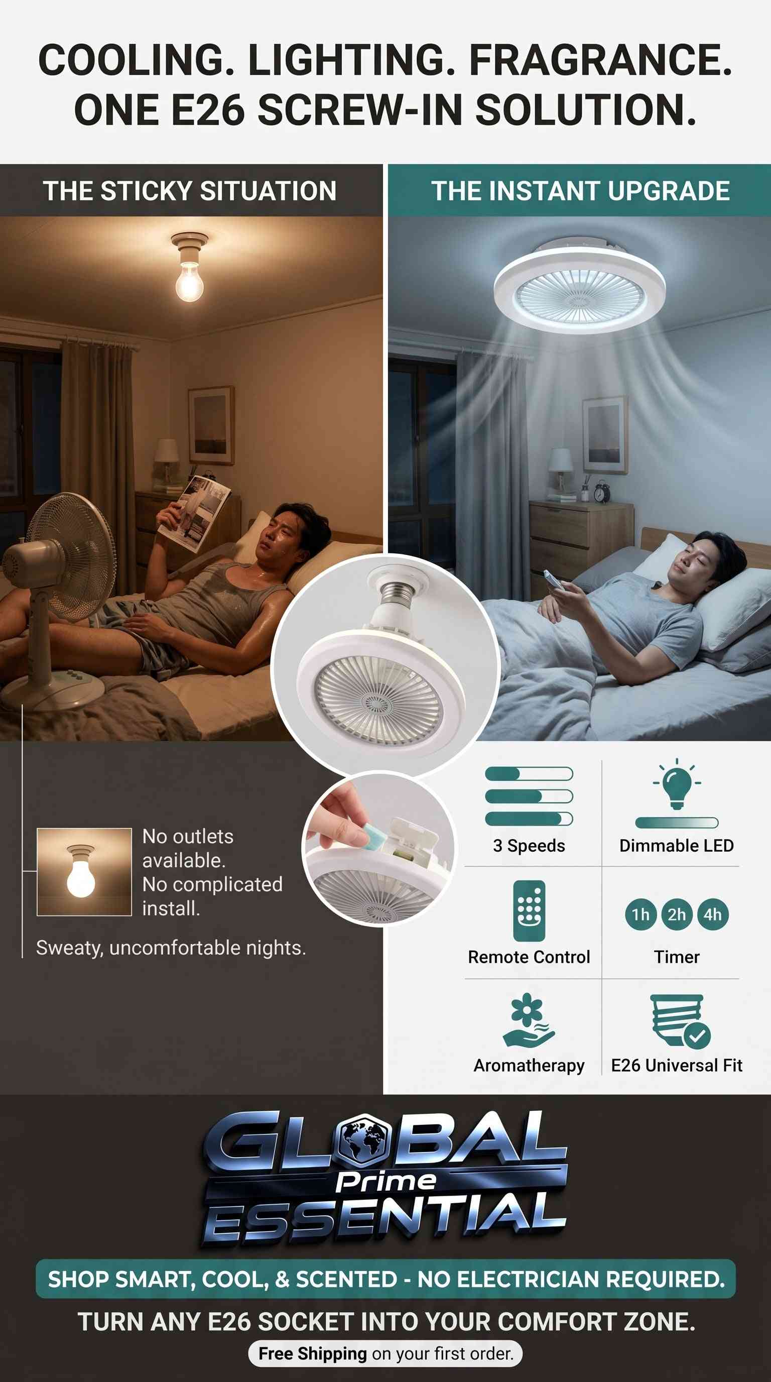 Global Prime Essential light socket fan with remote control, dimmable LED, 3 speeds, aromatherapy feature, fits E26 sockets.