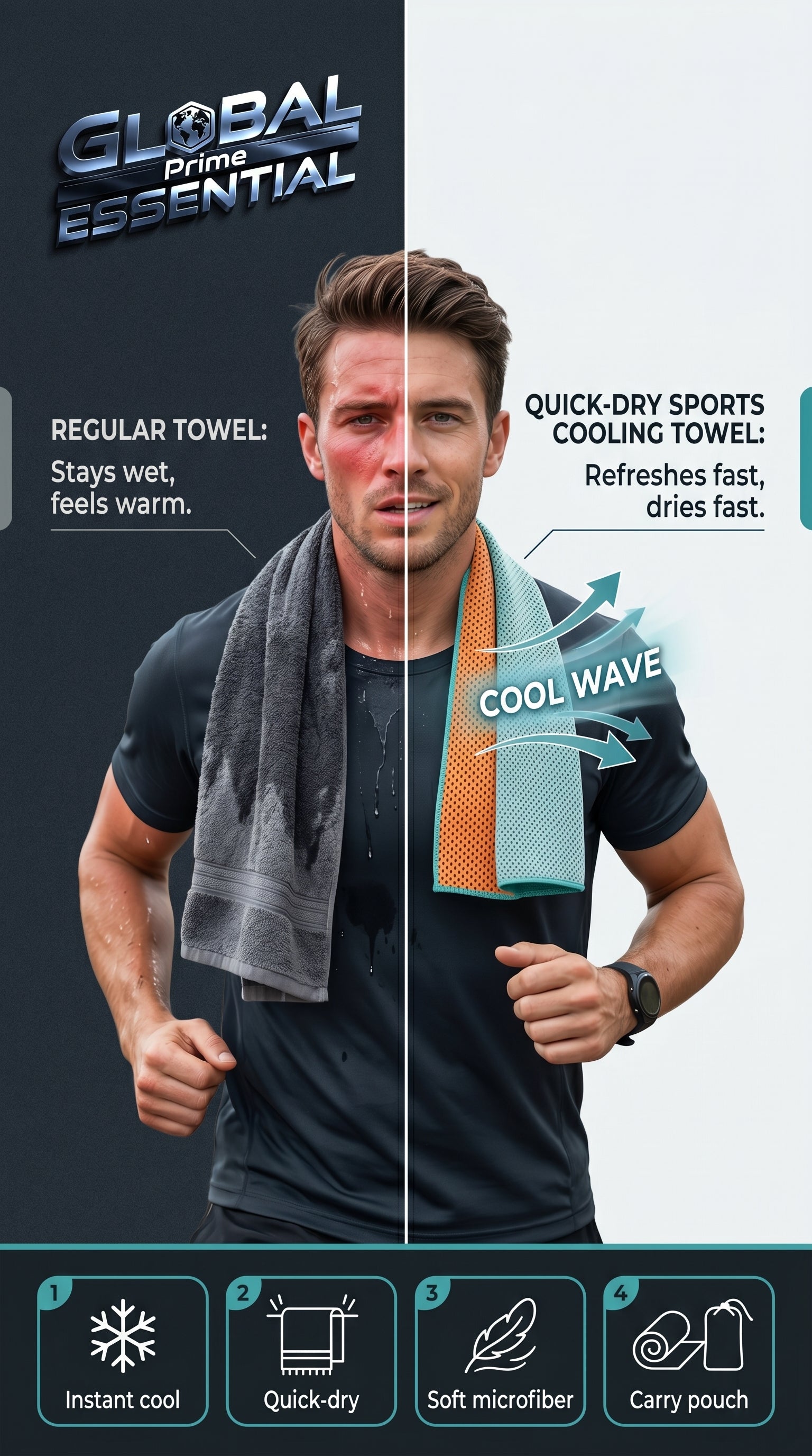 Global Prime Essential quick-dry sports cooling towel draped over a person's shoulders, showcasing its lightweight and breathable fabric.
