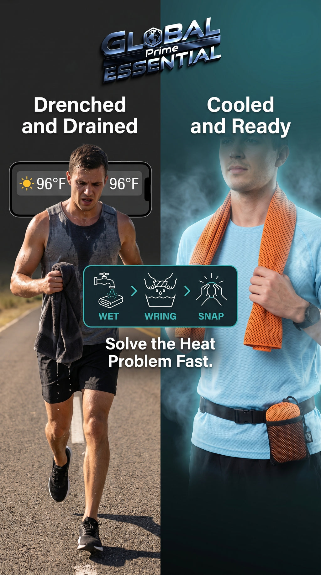Global Prime Essential quick-dry sports cooling towel dampened for instant cooling relief during workout or outdoor activities.