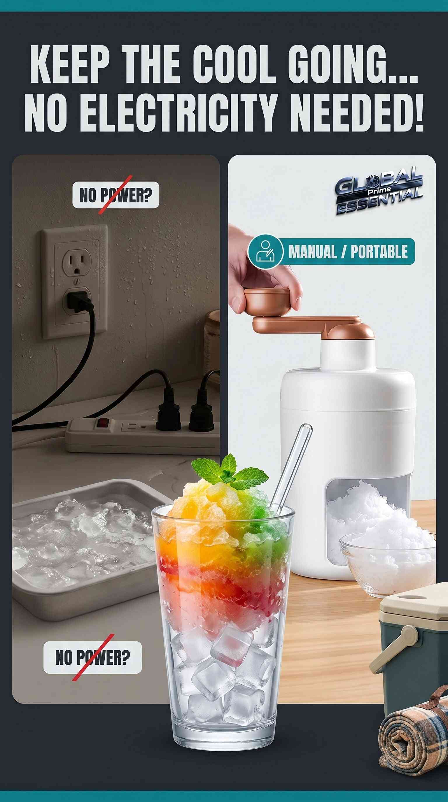 Hand crank ice crusher and slushie maker by Global Prime Essential, manual snow cone machine for icy treats without electricity.